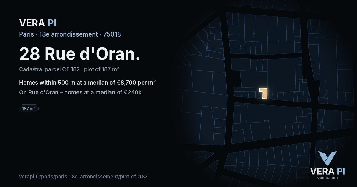 28 Rue d'Oran, 18e arrondissement at night – the plot lit, the parcels around coloured by the prices near them
