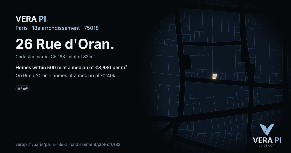26 Rue d'Oran, 18e arrondissement at night – the plot lit, the parcels around coloured by the prices near them
