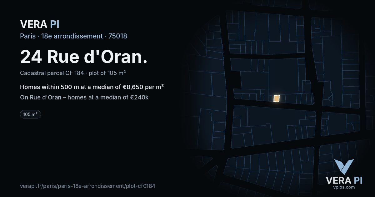 24 Rue d'Oran, 18e arrondissement at night – the plot lit, the parcels around coloured by the prices near them