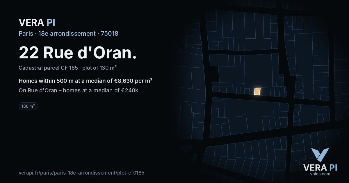 22 Rue d'Oran, 18e arrondissement at night – the plot lit, the parcels around coloured by the prices near them