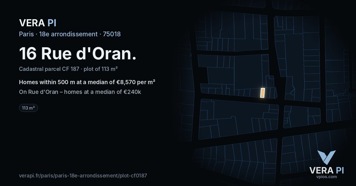 16 Rue d'Oran, 18e arrondissement at night – the plot lit, the parcels around coloured by the prices near them