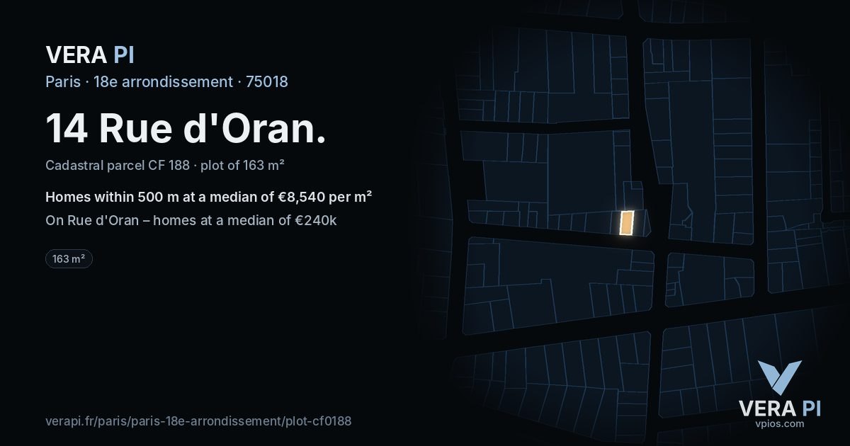 14 Rue d'Oran, 18e arrondissement at night – the plot lit, the parcels around coloured by the prices near them