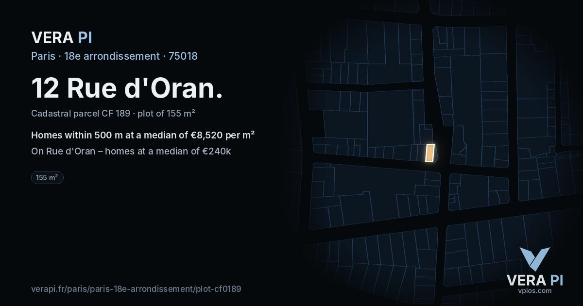 12 Rue d'Oran, 18e arrondissement at night – the plot lit, the parcels around coloured by the prices near them