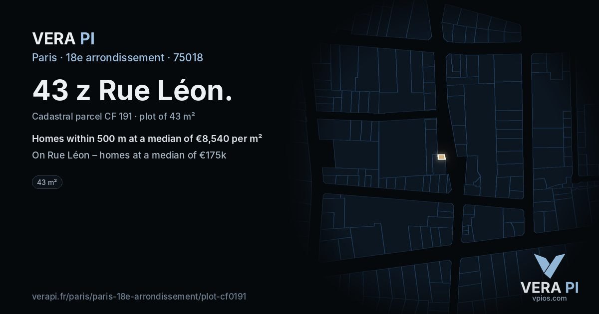 43 z Rue Léon, 18e arrondissement at night – the plot lit, the parcels around coloured by the prices near them