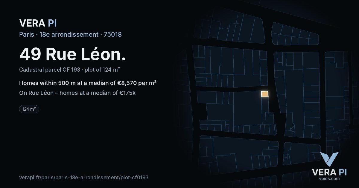 49 Rue Léon, 18e arrondissement at night – the plot lit, the parcels around coloured by the prices near them