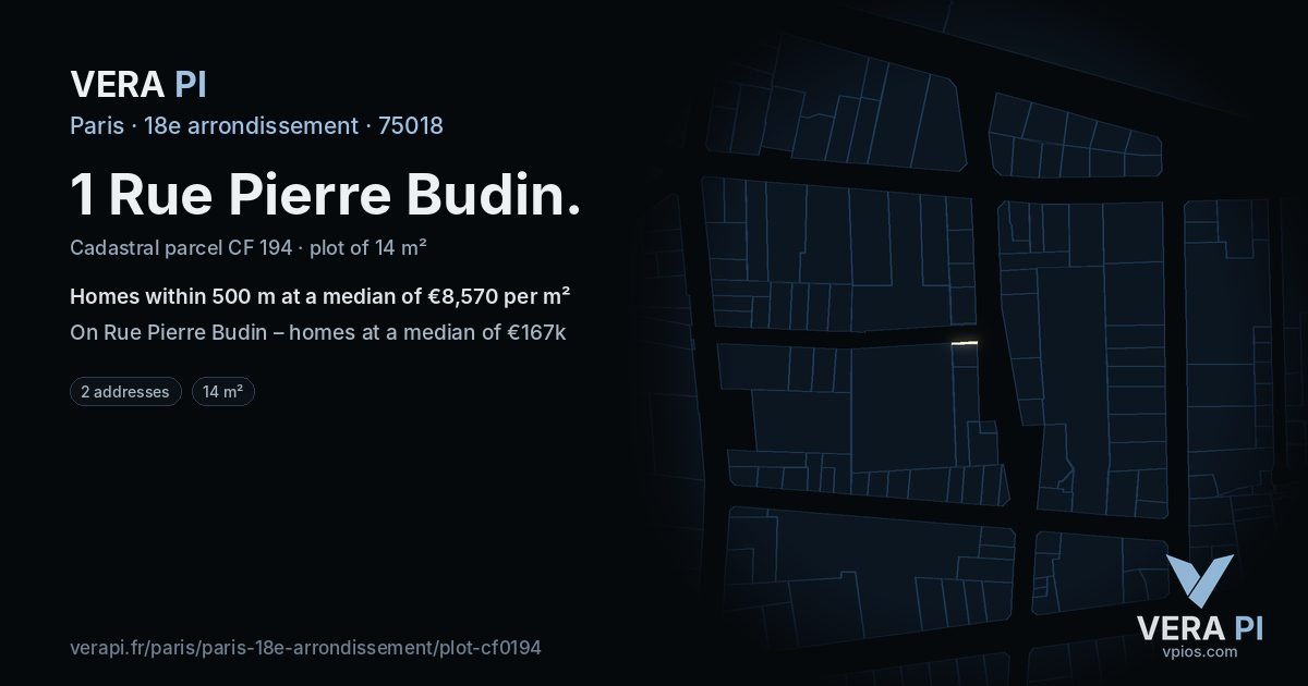 1 Rue Pierre Budin, 18e arrondissement at night – the plot lit, the parcels around coloured by the prices near them