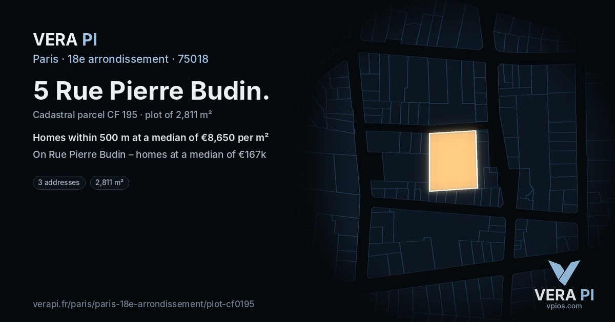 5 Rue Pierre Budin, 18e arrondissement at night – the plot lit, the parcels around coloured by the prices near them