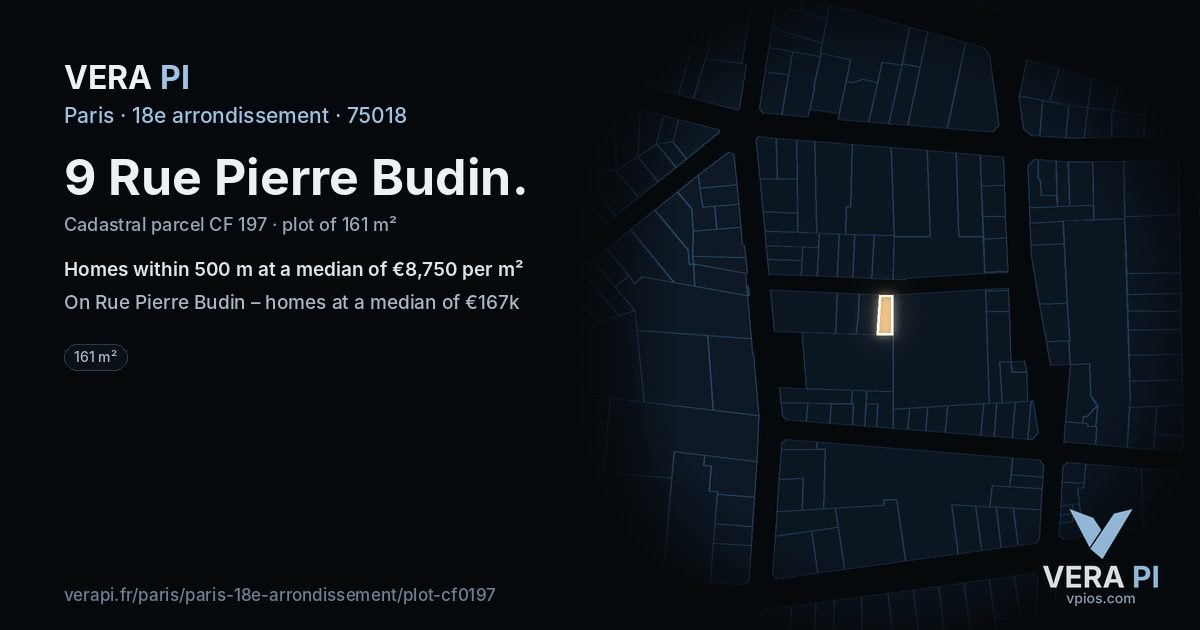 9 Rue Pierre Budin, 18e arrondissement at night – the plot lit, the parcels around coloured by the prices near them