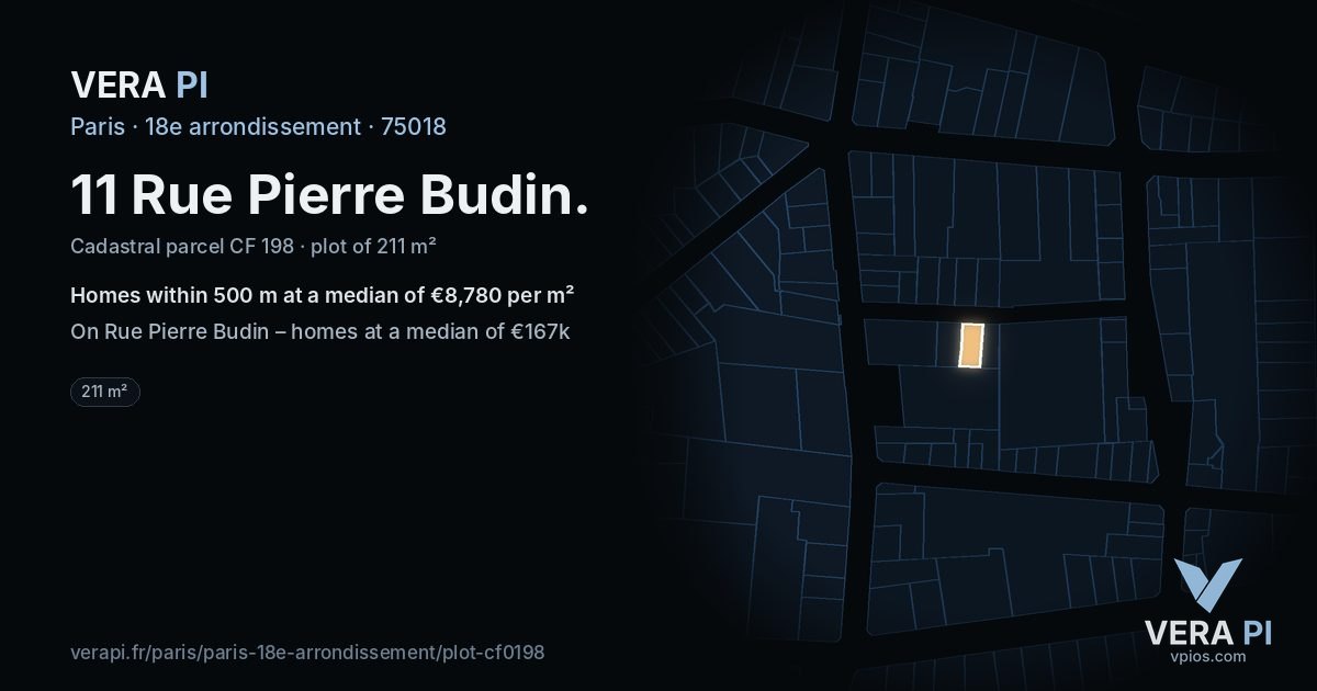 11 Rue Pierre Budin, 18e arrondissement at night – the plot lit, the parcels around coloured by the prices near them
