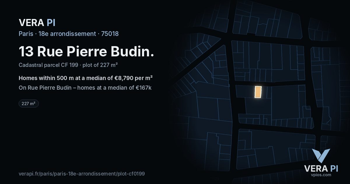 13 Rue Pierre Budin, 18e arrondissement at night – the plot lit, the parcels around coloured by the prices near them