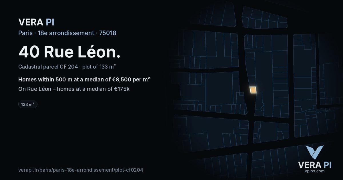 40 Rue Léon, 18e arrondissement at night – the plot lit, the parcels around coloured by the prices near them