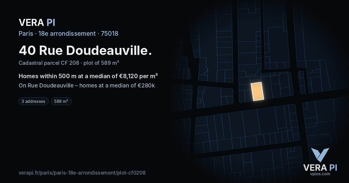 40 Rue Doudeauville, 18e arrondissement at night – the plot lit, the parcels around coloured by the prices near them