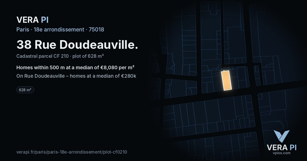 38 Rue Doudeauville, 18e arrondissement at night – the plot lit, the parcels around coloured by the prices near them