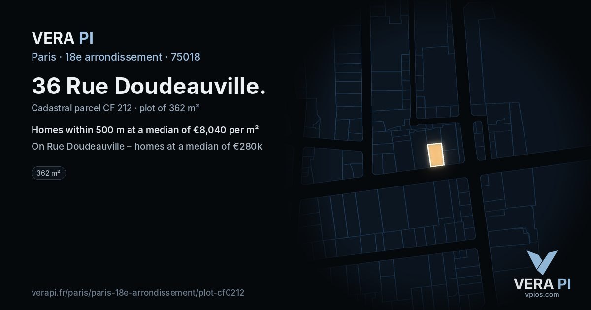 36 Rue Doudeauville, 18e arrondissement at night – the plot lit, the parcels around coloured by the prices near them