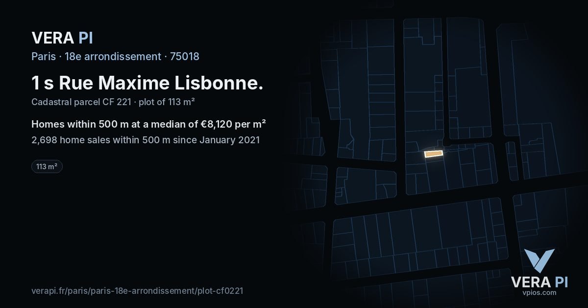 1 s Rue Maxime Lisbonne, 18e arrondissement at night – the plot lit, the parcels around coloured by the prices near them