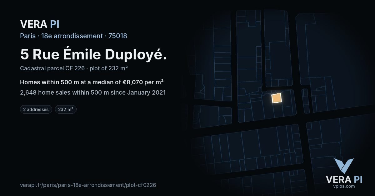 5 Rue Émile Duployé, 18e arrondissement at night – the plot lit, the parcels around coloured by the prices near them