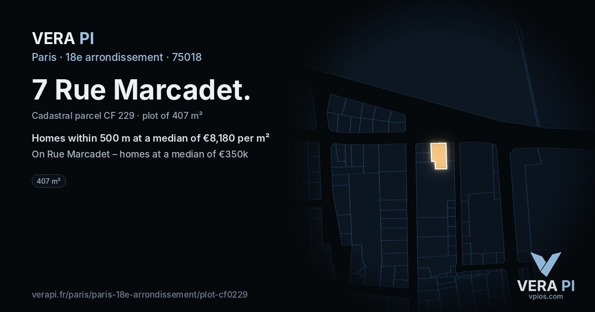 7 Rue Marcadet, 18e arrondissement at night – the plot lit, the parcels around coloured by the prices near them
