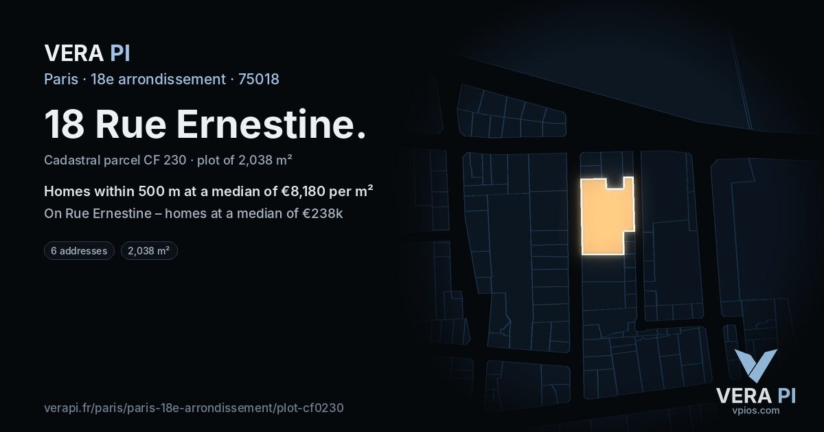 18 Rue Ernestine, 18e arrondissement at night – the plot lit, the parcels around coloured by the prices near them