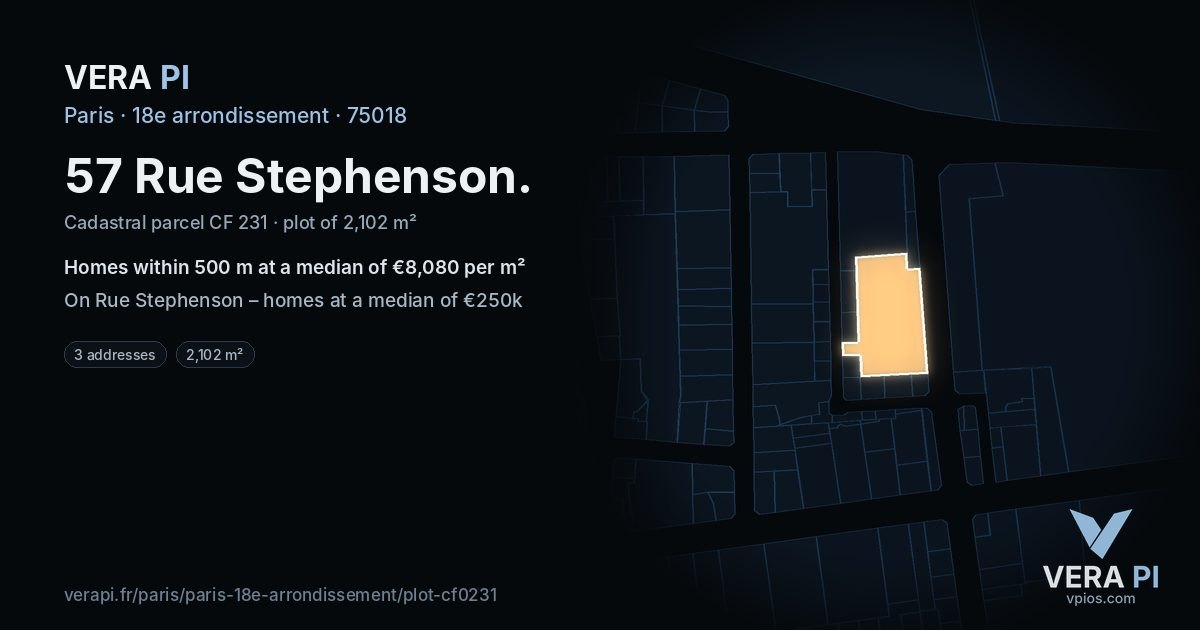 57 Rue Stephenson, 18e arrondissement at night – the plot lit, the parcels around coloured by the prices near them