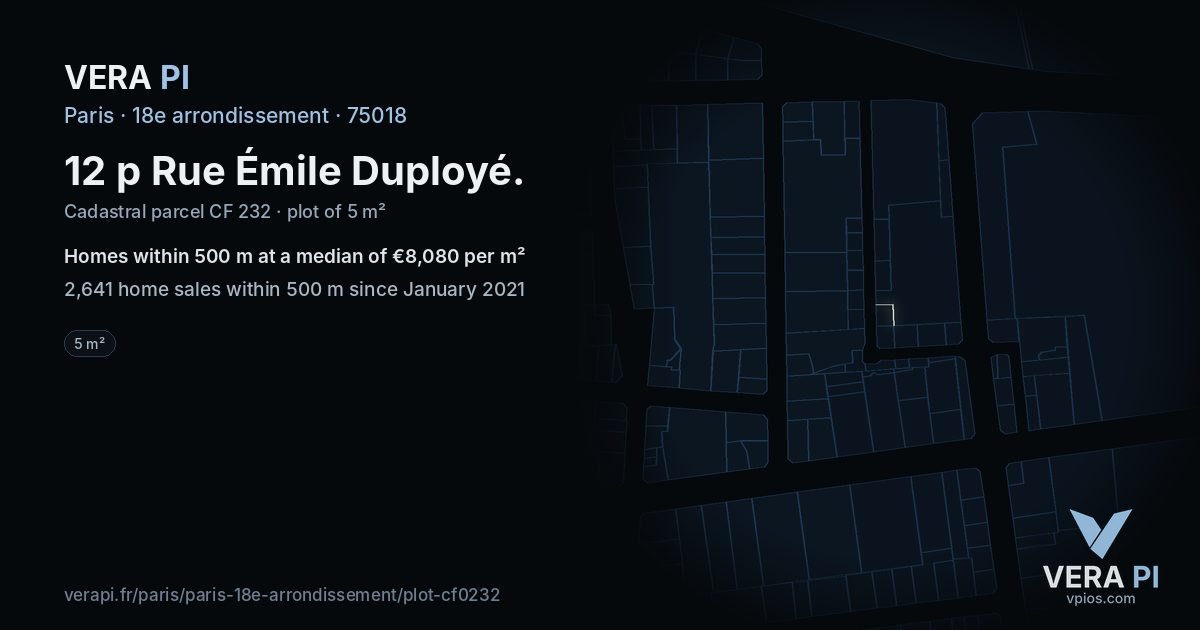 12 p Rue Émile Duployé, 18e arrondissement at night – the plot lit, the parcels around coloured by the prices near them