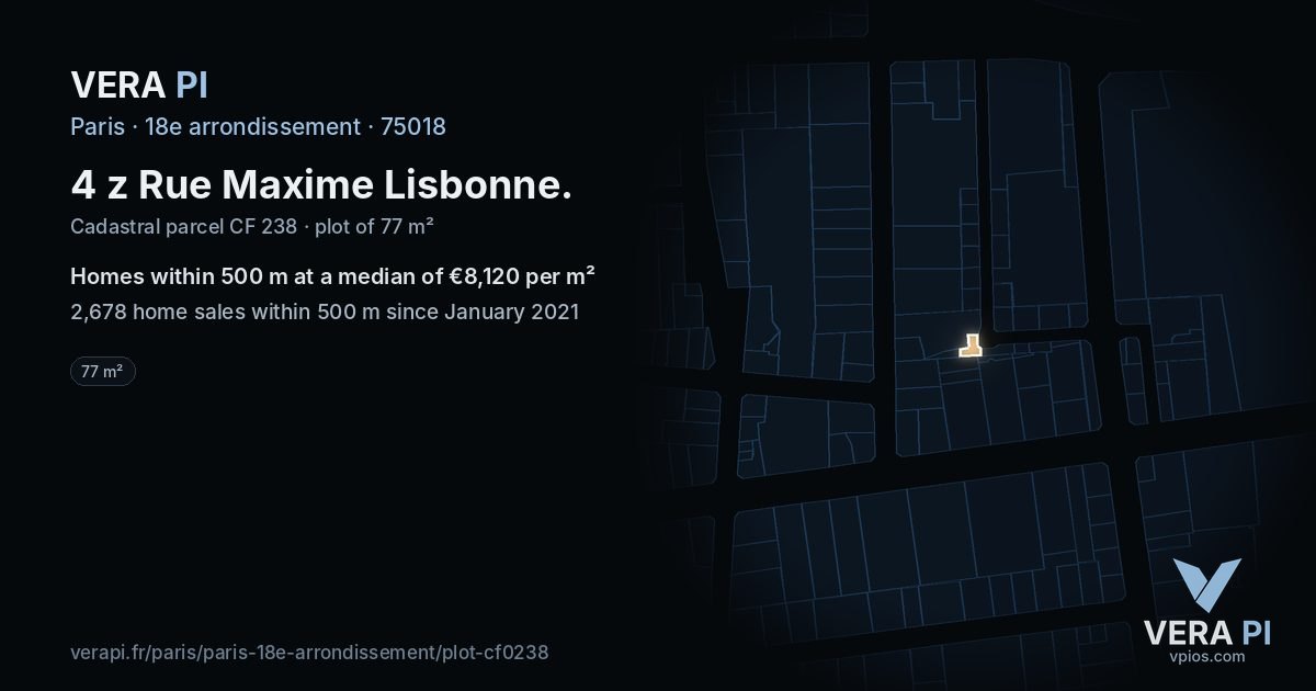 4 z Rue Maxime Lisbonne, 18e arrondissement at night – the plot lit, the parcels around coloured by the prices near them