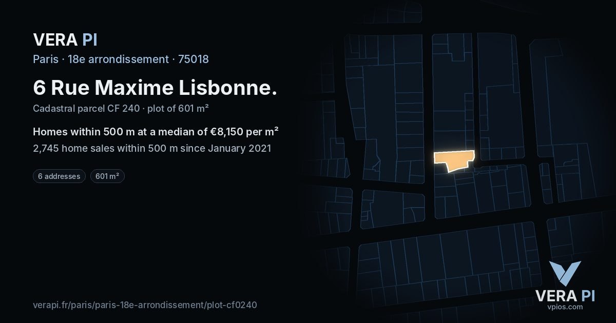 6 Rue Maxime Lisbonne, 18e arrondissement at night – the plot lit, the parcels around coloured by the prices near them
