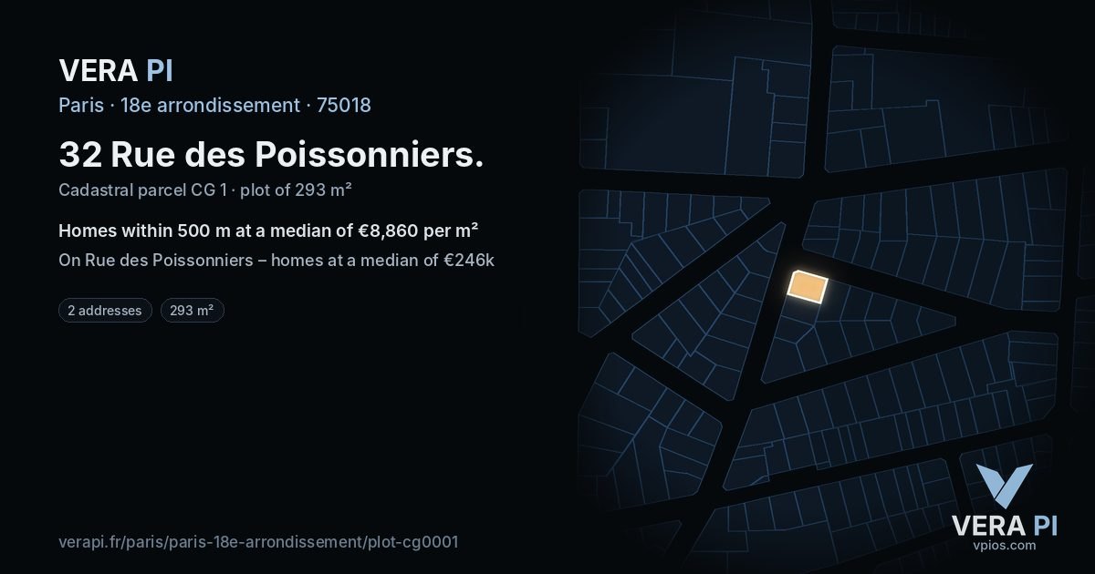 32 Rue des Poissonniers, 18e arrondissement at night – the plot lit, the parcels around coloured by the prices near them