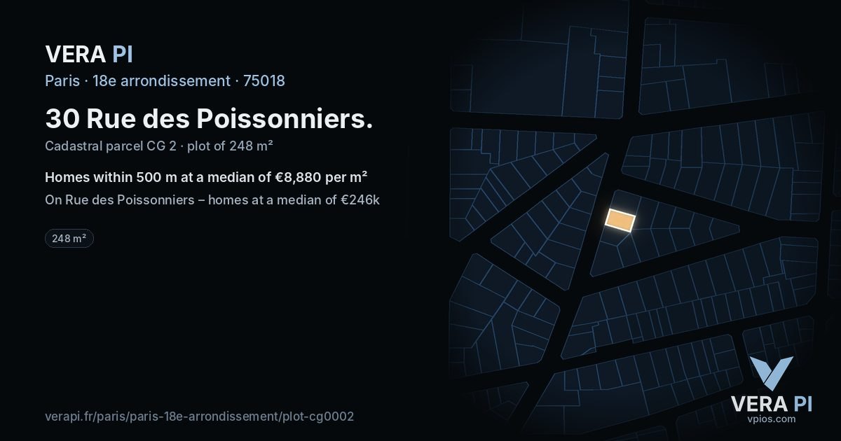 30 Rue des Poissonniers, 18e arrondissement at night – the plot lit, the parcels around coloured by the prices near them
