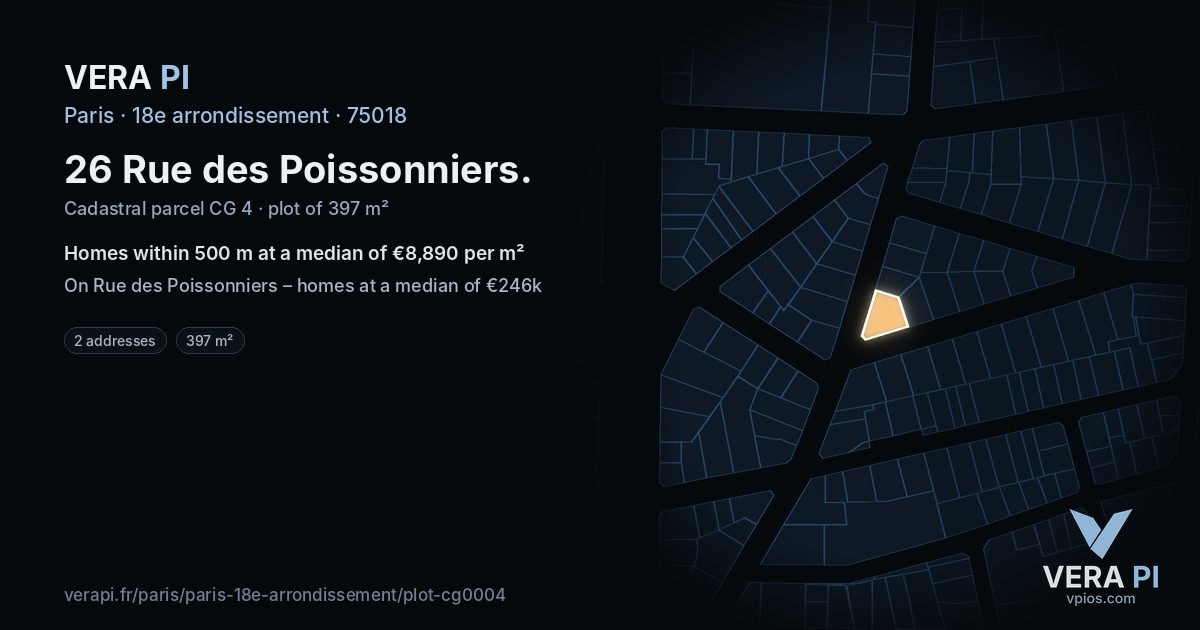 26 Rue des Poissonniers, 18e arrondissement at night – the plot lit, the parcels around coloured by the prices near them