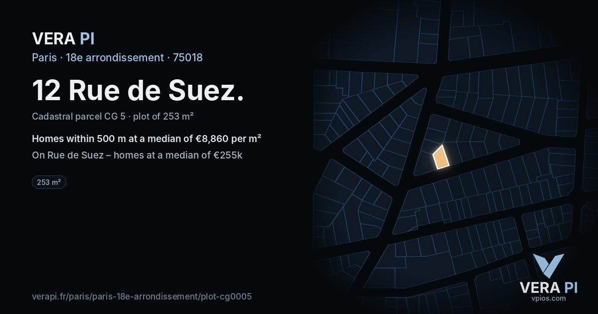 12 Rue de Suez, 18e arrondissement at night – the plot lit, the parcels around coloured by the prices near them