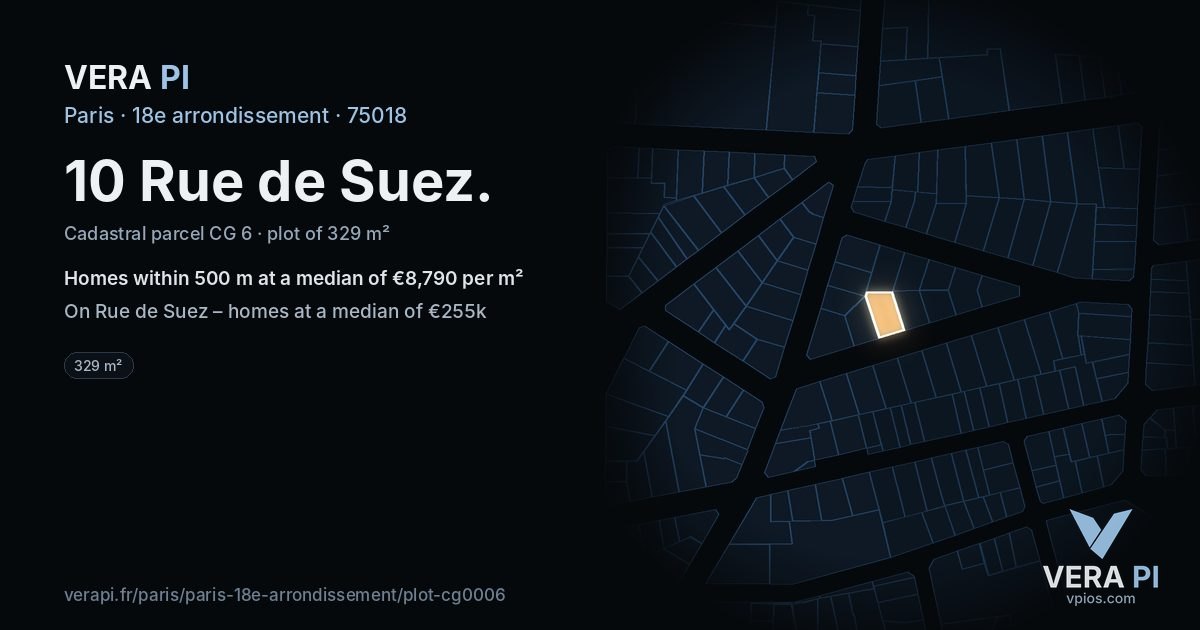 10 Rue de Suez, 18e arrondissement at night – the plot lit, the parcels around coloured by the prices near them
