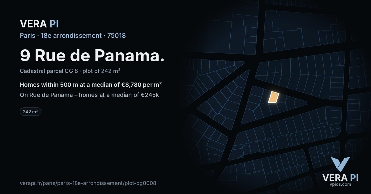9 Rue de Panama, 18e arrondissement at night – the plot lit, the parcels around coloured by the prices near them