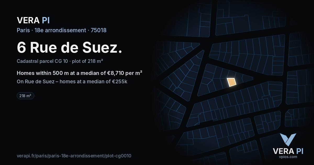 6 Rue de Suez, 18e arrondissement at night – the plot lit, the parcels around coloured by the prices near them