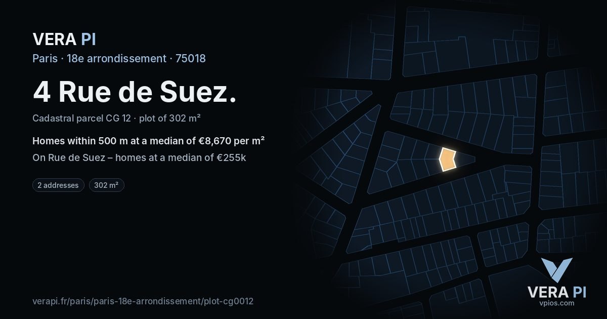 4 Rue de Suez, 18e arrondissement at night – the plot lit, the parcels around coloured by the prices near them