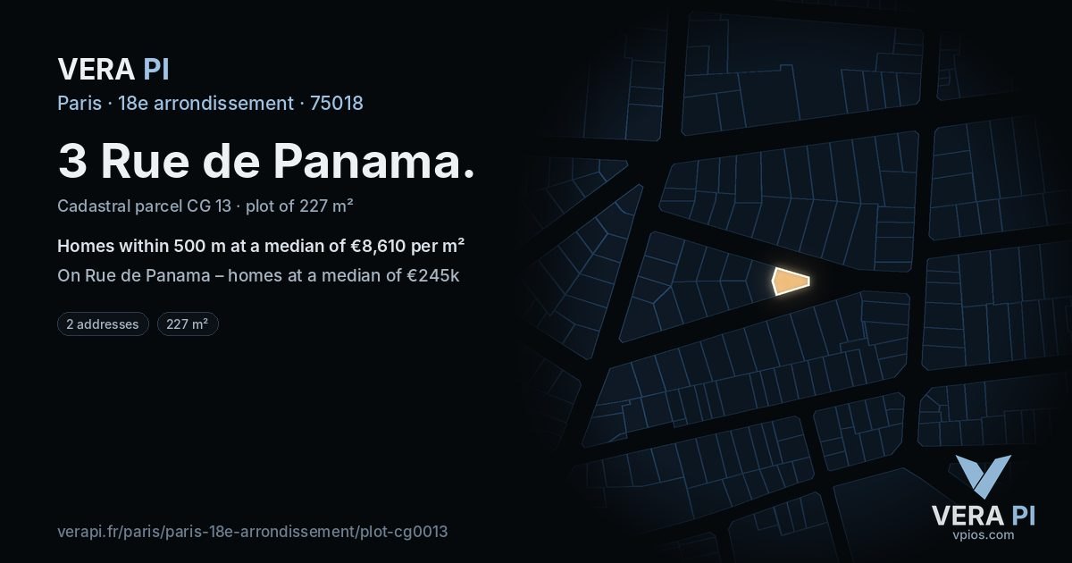 3 Rue de Panama, 18e arrondissement at night – the plot lit, the parcels around coloured by the prices near them