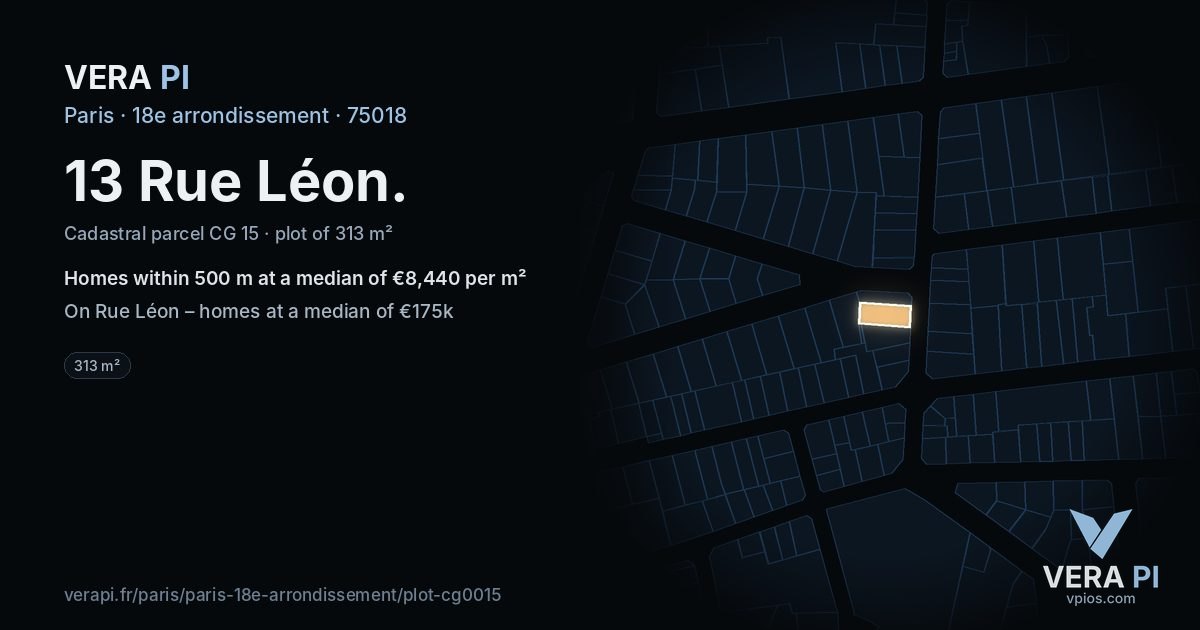 13 Rue Léon, 18e arrondissement at night – the plot lit, the parcels around coloured by the prices near them