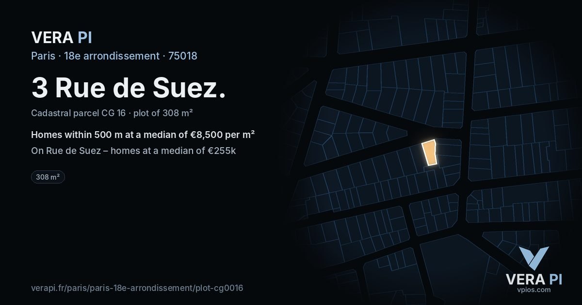 3 Rue de Suez, 18e arrondissement at night – the plot lit, the parcels around coloured by the prices near them
