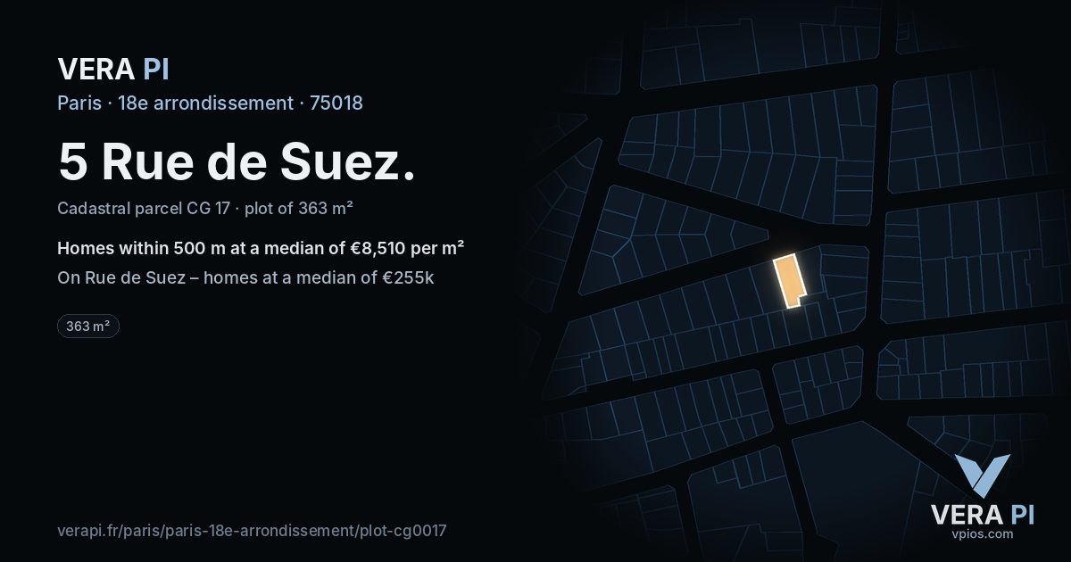 5 Rue de Suez, 18e arrondissement at night – the plot lit, the parcels around coloured by the prices near them