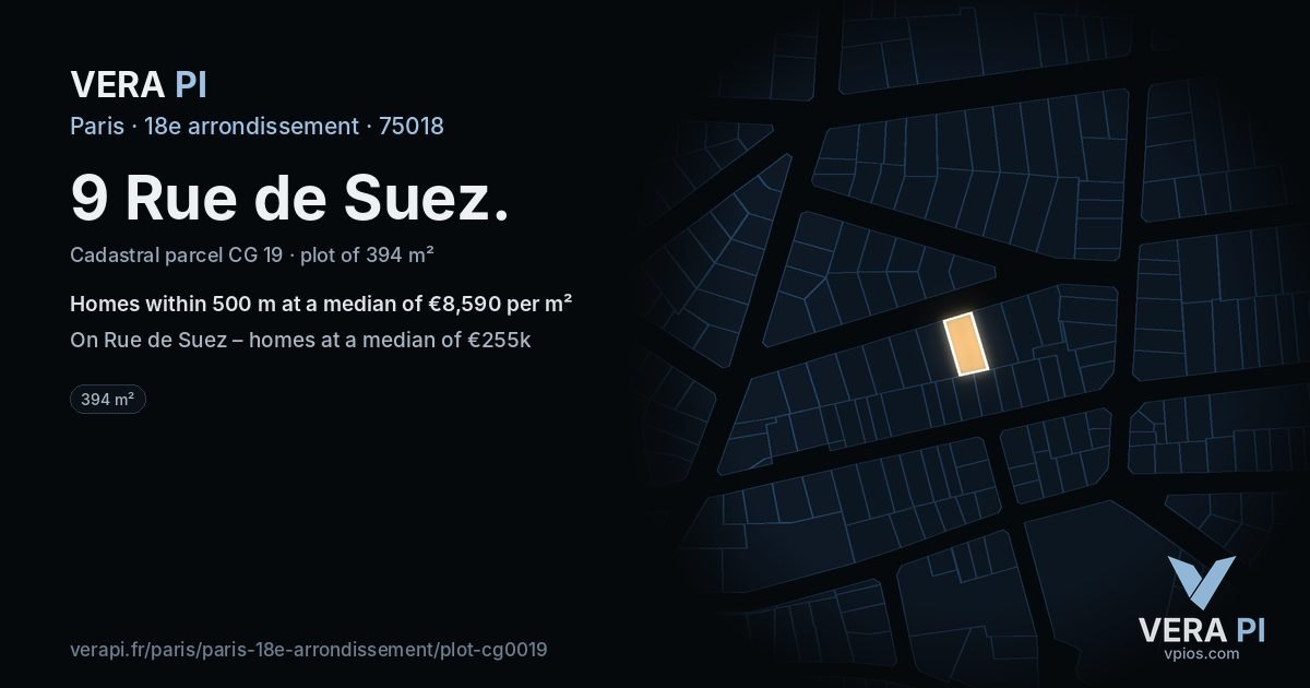 9 Rue de Suez, 18e arrondissement at night – the plot lit, the parcels around coloured by the prices near them