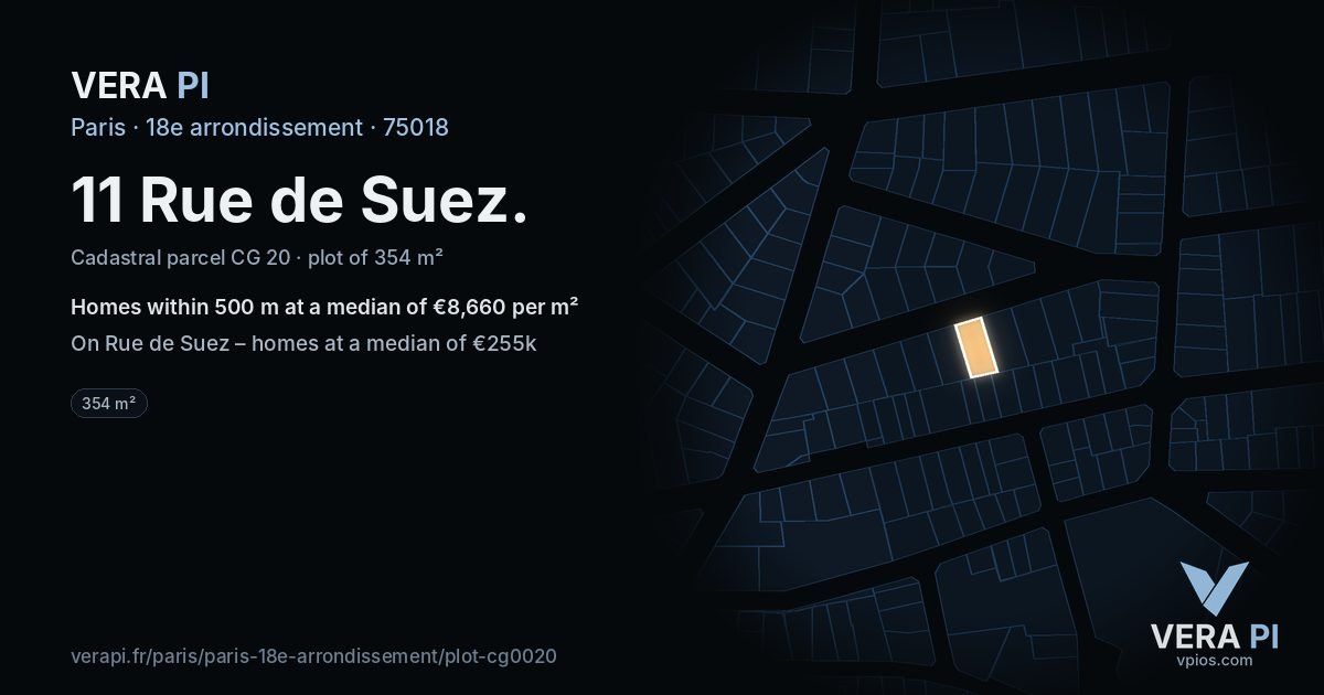 11 Rue de Suez, 18e arrondissement at night – the plot lit, the parcels around coloured by the prices near them