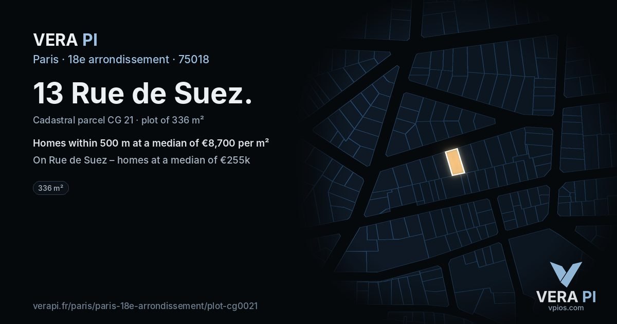 13 Rue de Suez, 18e arrondissement at night – the plot lit, the parcels around coloured by the prices near them