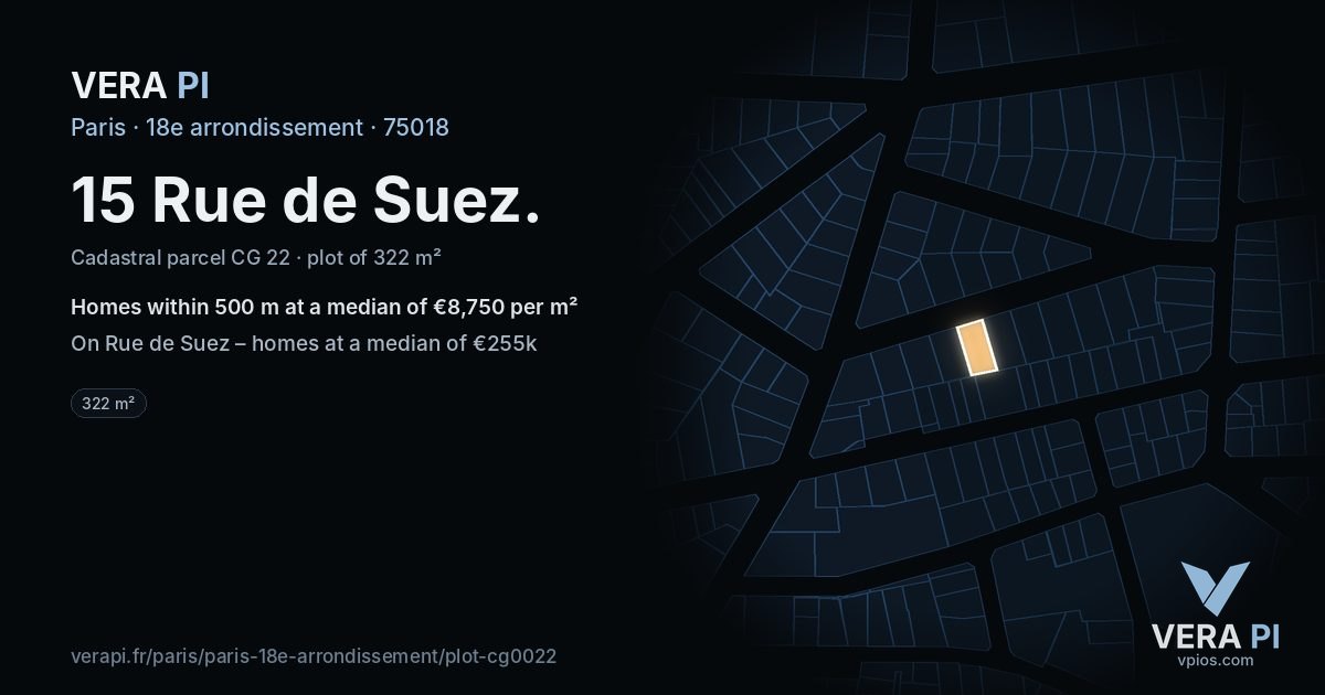 15 Rue de Suez, 18e arrondissement at night – the plot lit, the parcels around coloured by the prices near them