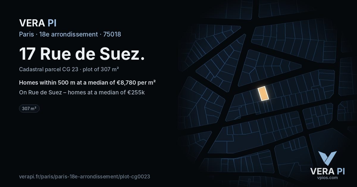 17 Rue de Suez, 18e arrondissement at night – the plot lit, the parcels around coloured by the prices near them