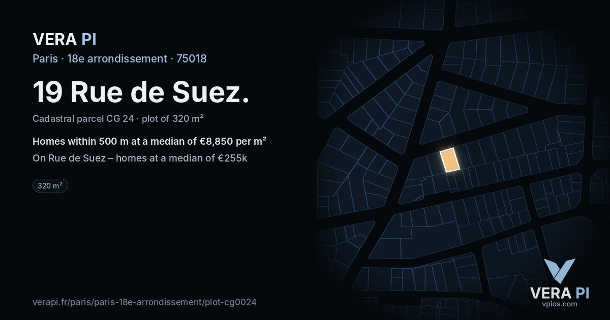 19 Rue de Suez, 18e arrondissement at night – the plot lit, the parcels around coloured by the prices near them