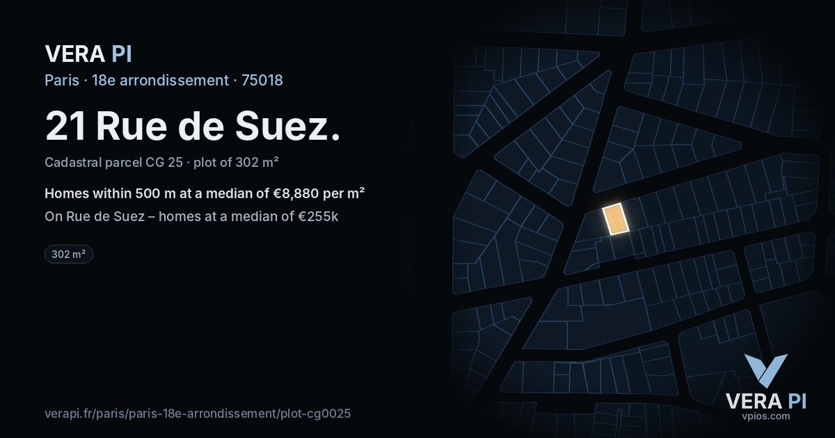 21 Rue de Suez, 18e arrondissement at night – the plot lit, the parcels around coloured by the prices near them