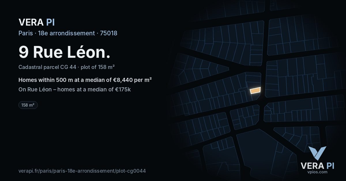 9 Rue Léon, 18e arrondissement at night – the plot lit, the parcels around coloured by the prices near them