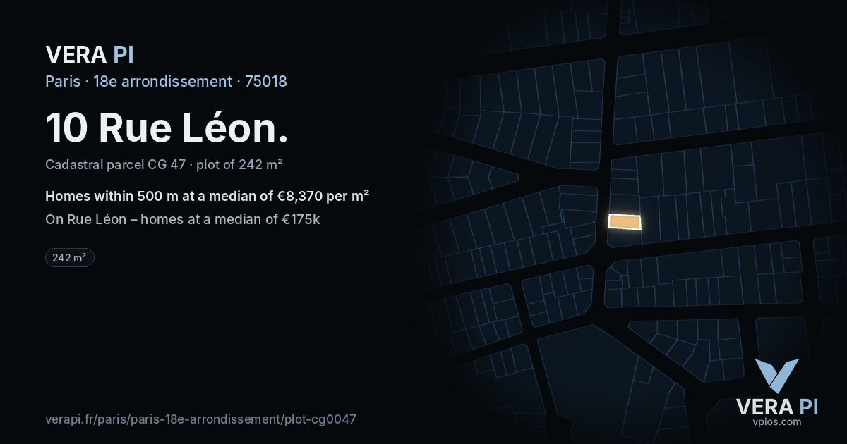 10 Rue Léon, 18e arrondissement at night – the plot lit, the parcels around coloured by the prices near them
