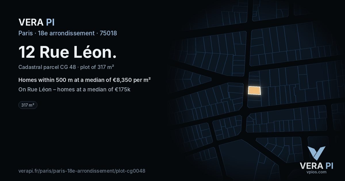 12 Rue Léon, 18e arrondissement at night – the plot lit, the parcels around coloured by the prices near them