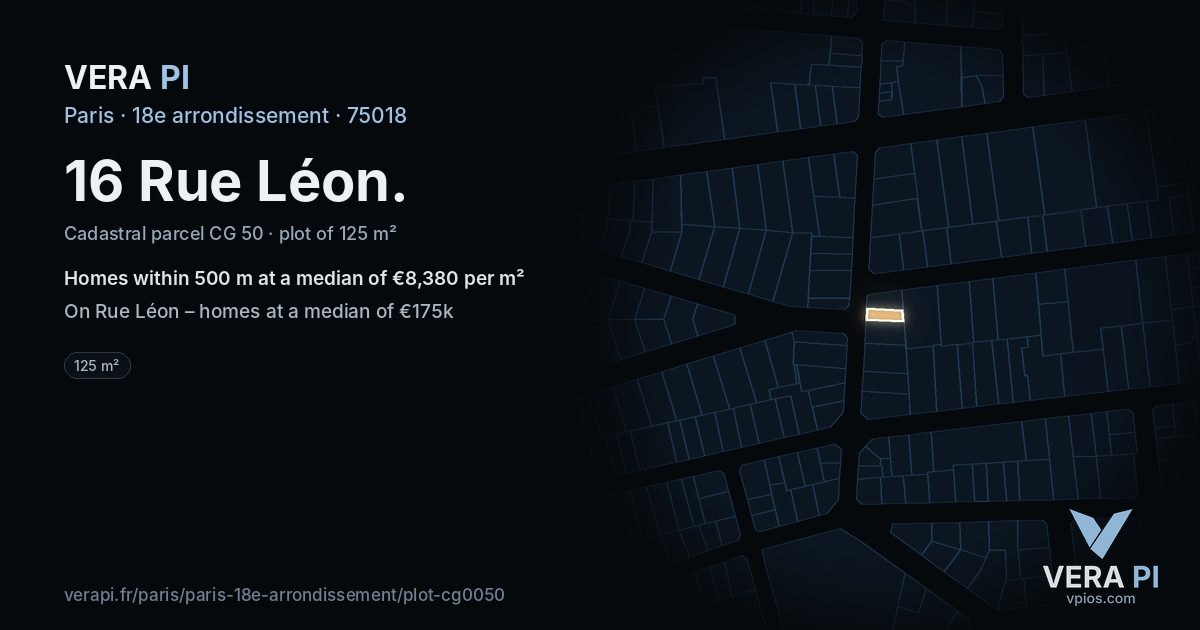 16 Rue Léon, 18e arrondissement at night – the plot lit, the parcels around coloured by the prices near them