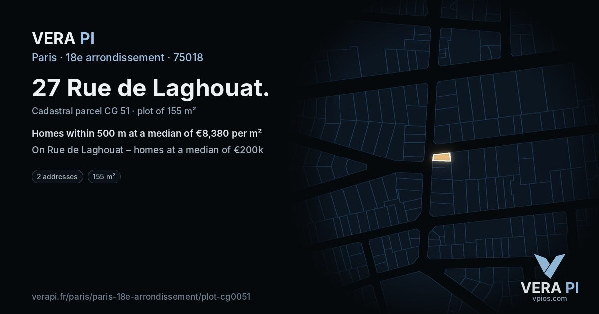 27 Rue de Laghouat, 18e arrondissement at night – the plot lit, the parcels around coloured by the prices near them